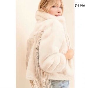 Anthropologie Blue Revival Fringe Faux Fur Bomber Jacket Coat size 1X plus size